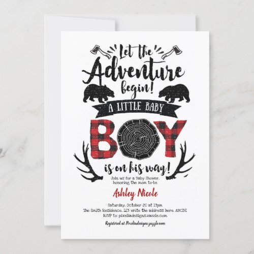 Rustic Lumberjack Buffalo Plaid Baby Boy Shower Invitation