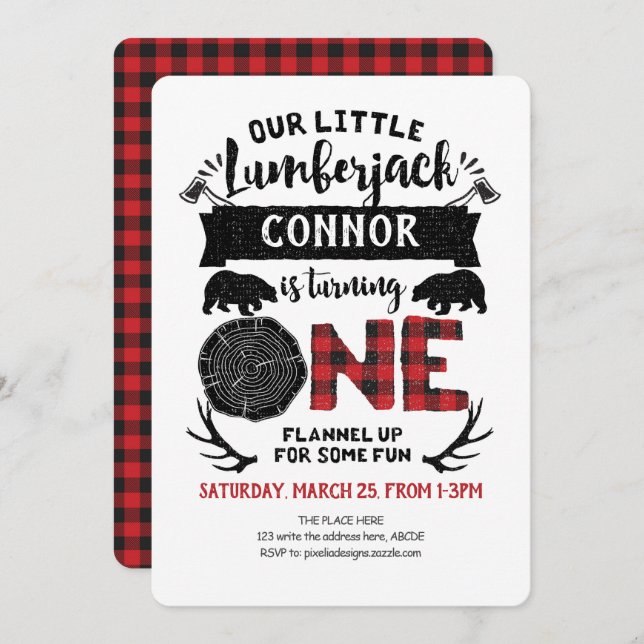 Rustic, Lumberjack, Buffalo Plaid, Boy, 1st Invitation (Front/Back)