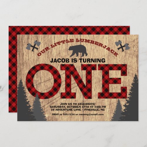 Rustic Lumberjack Buffalo Plaid First Birthday Invitation