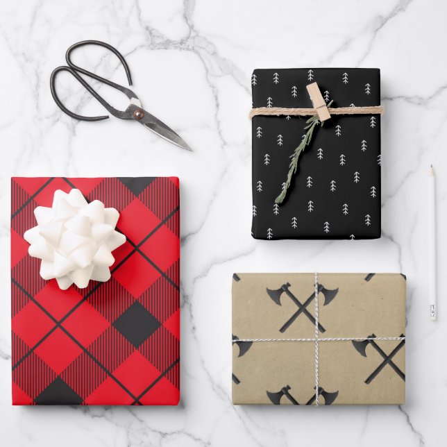 Rustic Lumberjack Plaid | Christmas Tree & Axes Wrapping Paper Sheets (Front)
