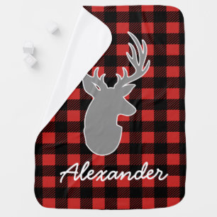 Rustic Lumberjack Plaid & Gray Deer Baby's Name Receiving Blanket