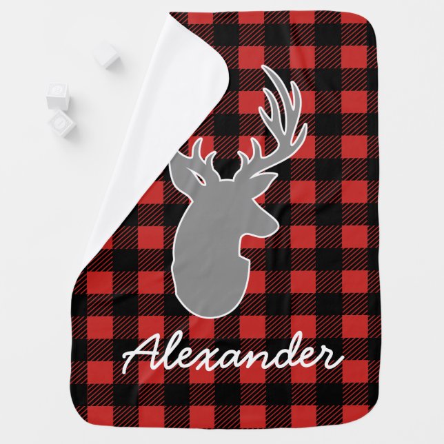 Rustic Lumberjack Plaid & Gray Deer Baby's Name Receiving Blanket (In Situ)