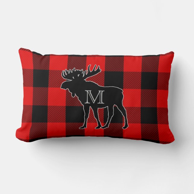 Rustic Lumberjack Plaid | Monogram Moose Lumbar Pillow (Front)