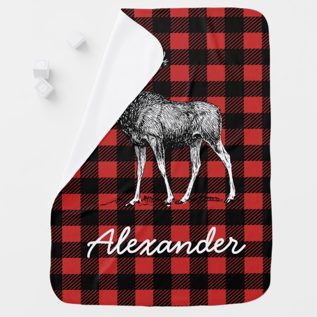Rustic Lumberjack Plaid & Moose with Baby's Name Swaddle Blanket (In Situ)