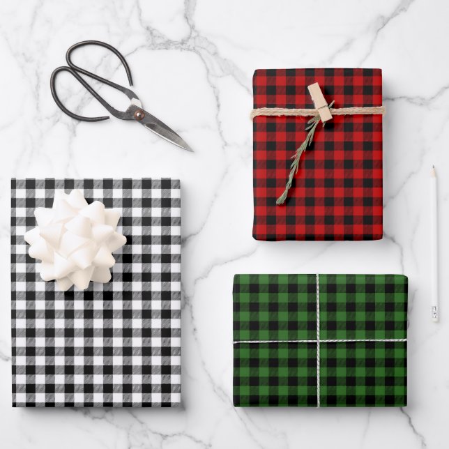Rustic Lumberjack Plaid Red Green Black White Wrapping Paper Sheets (Front)