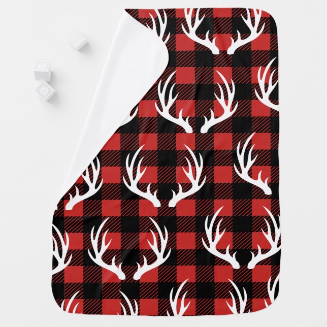 Rustic Lumberjack Plaid & White Deer Antlers Baby Blanket (In Situ)