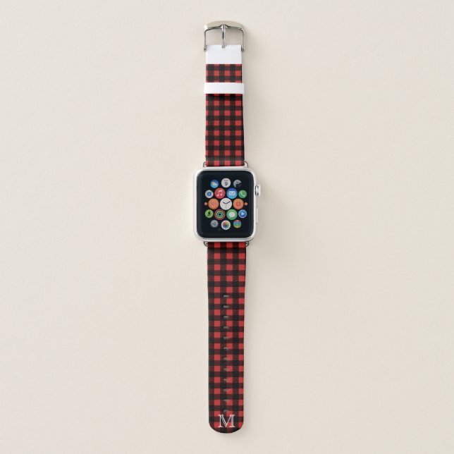 Rustic Lumberjack Plaid & White Initial Letter Apple Watch Band (Front)