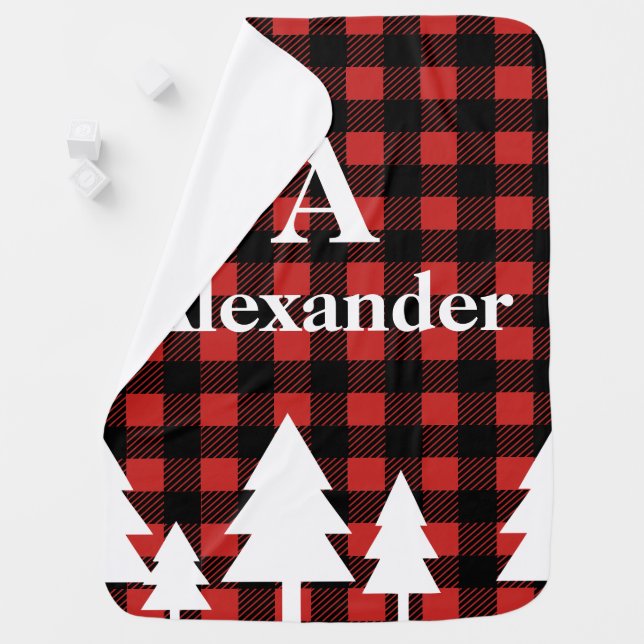 Rustic Lumberjack Plaid & White Trees Baby's Name Stroller Blanket (In Situ)