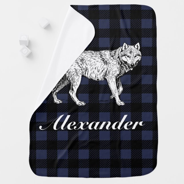 Rustic Lumberjack Plaid & Wolf with Baby's Name Swaddle Blanket (In Situ)