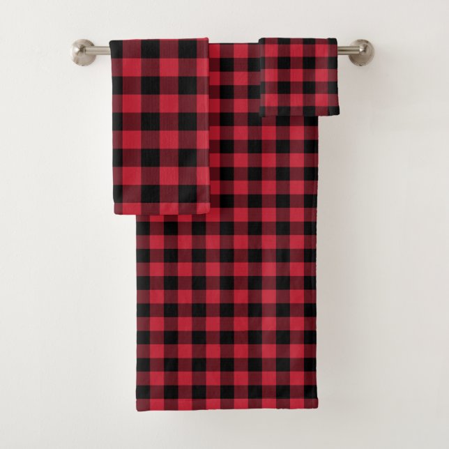 Rustic Lumberjack Red Black Buffalo Check Plaid Bath Towel Set (Insitu)
