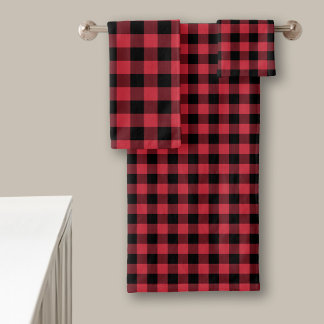 Rustic Lumberjack Red Black Buffalo Check Plaid Bath Towel Set
