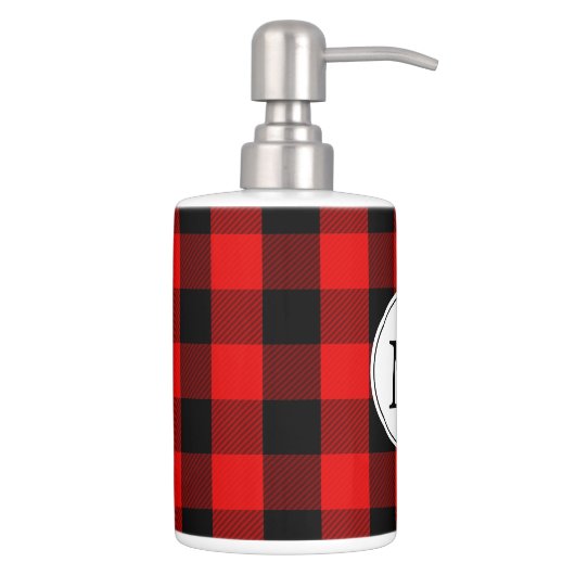 Rustic Lumberjack Red Black Buffalo Plaid Monogram Bath Set (Right)