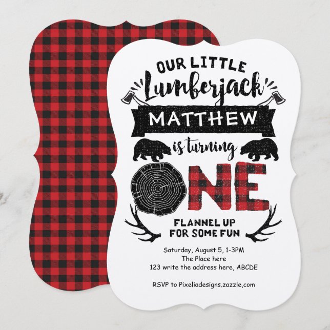 Rustic, Lumberjack, Woodland, Boy, First Birthday Invitation (Front/Back)