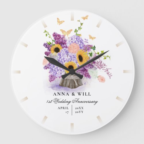 Rustic Lush Bouquet Butterfly Wedding Anniversary Large Clock