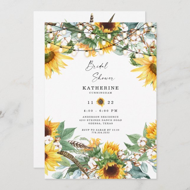 Rustic Lush Sunflower Bouquet String Lights  Invitation (Front/Back)