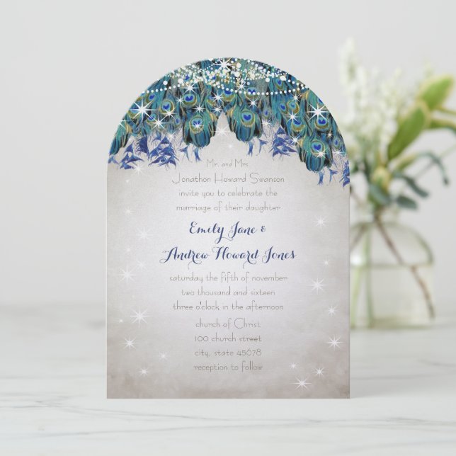 Rustic Luxe Mason Jar Navy Turquoise Peacock Invitation (Standing Front)