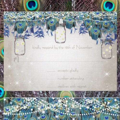 Rustic Luxe Mason Jar Navy Turquoise Peacock RSVP Card