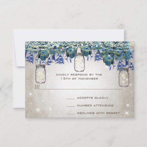 Rustic Luxe Mason Jar Navy Turquoise Peacock RSVP Card