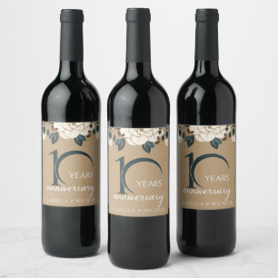 Rustic Luxury Floral 10th Wedding Anniversary Wine Label
