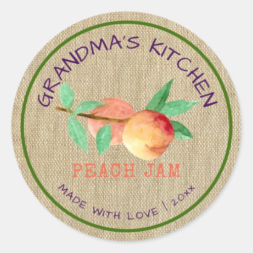 Rustic Made with Love Burlap Peach Jam  Classic Round Sticker
