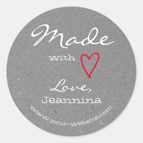Rustic Made with Love Red Heart Symbol Gray Paper Classic Round Sticker