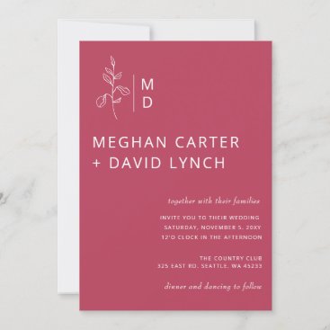 Rustic Magenta Botanical Monogram Wedding  Invitation