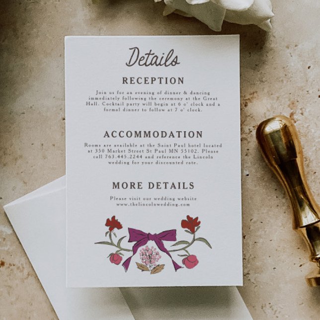 Rustic Magenta Bows and Blossoms Wedding Details Enclosure Card (Creator Uploaded)