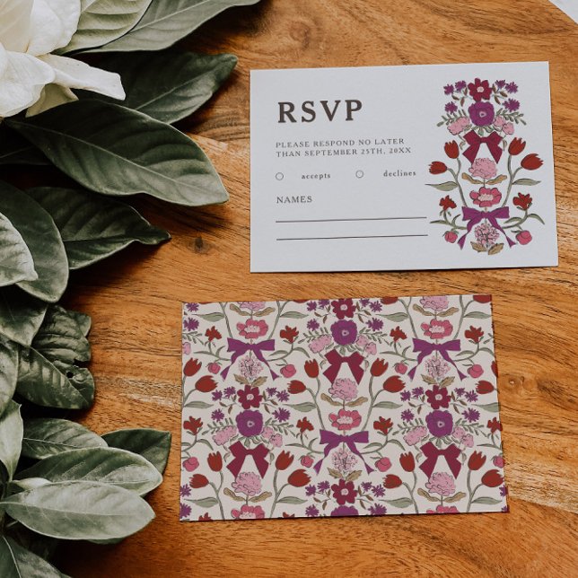 Rustic Magenta Bows and Flowers Wedding RSVP Card (Creator Uploaded)
