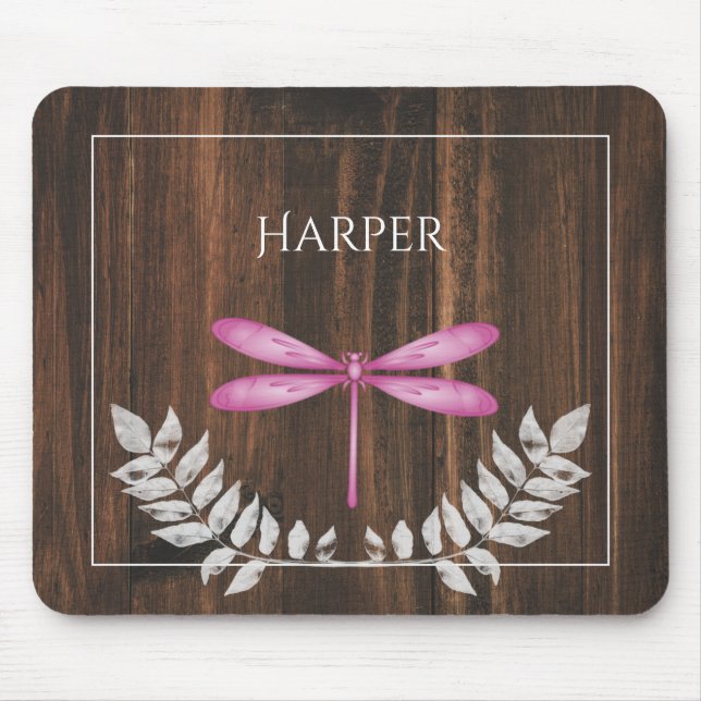 Rustic Magenta Dragonfly Personalized Mouse Pad (Front)
