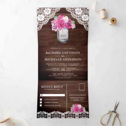 Rustic Magenta Pink Roses Mason Jar Lace Wedding Tri_Fold Invitation