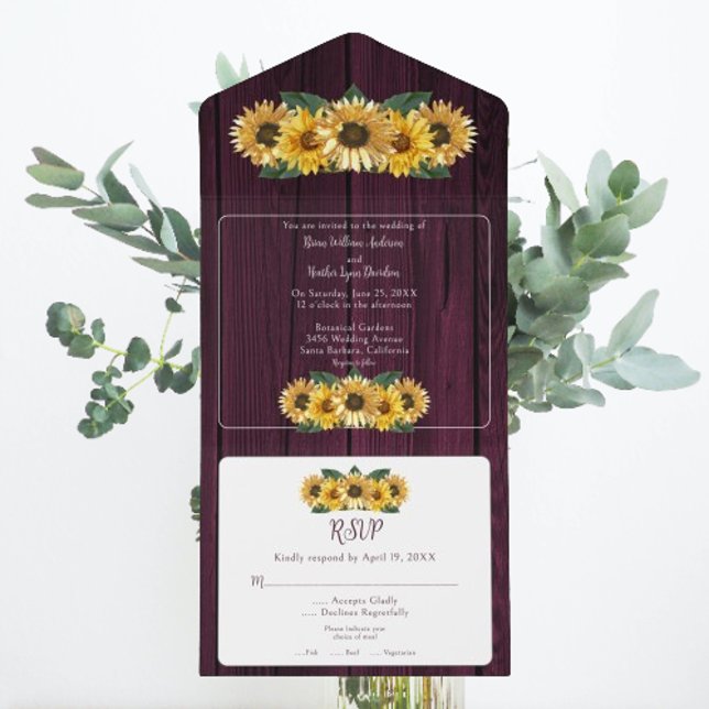 Rustic Magenta Sunflower Wedding All In One Invitation (Rustic Magenta Sunflower Wedding All in One Invitation)