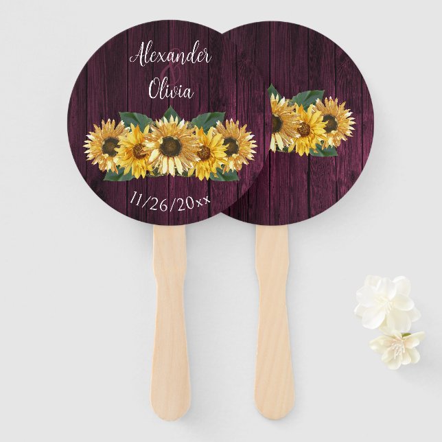 Rustic Magenta Sunflower Wedding Favor Hand Fan (Front and Back)