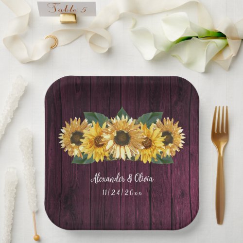 Rustic Magenta Sunflower Wedding Paper Plates