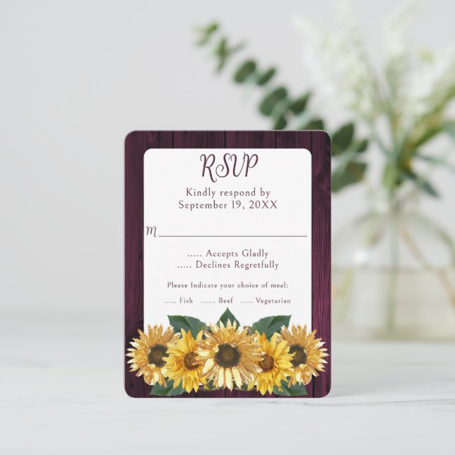 Rustic Magenta Sunflower Wedding RSVP Card (Standing Front)