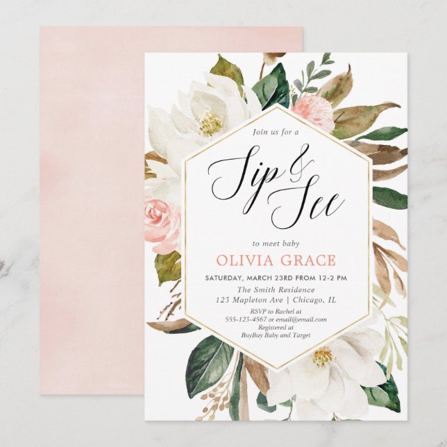 Rustic magnolia floral greenery girl sip see invitation (Front/Back)