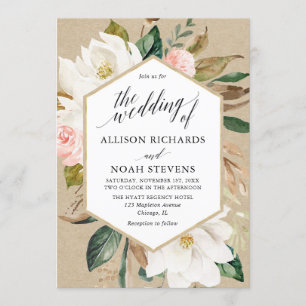 Rustic magnolia floral white blush wedding invitation