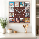 Rustic Mahogany Wood Farmhouse 12 Photo Collage Square Wall Clock<br><div class="desc">Rustic Mahogany Barn Wood Farmhouse 12 Photo Collage Square Wall Clock. Large beautiful rustic white barn vintage wood personalized family name year established wall decor clock. The perfect country wooden plank look for any home or kitchen.</div>