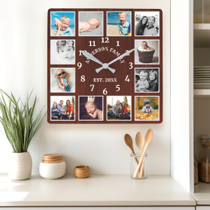 Rustic Mahogany Wood Farmhouse 12 Photo Collage Square Wall Clock