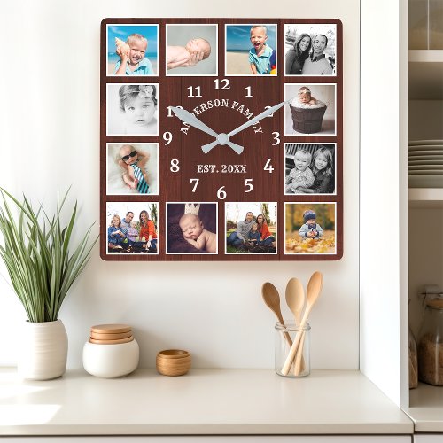 Rustic Mahogany Wood Farmhouse 12 Photo Collage Square Wall Clock