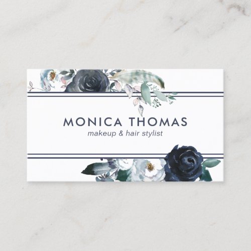 Rustic Makeup Artist Hair Stylist Blue Floral Business Card - Rustic professional business cards featuring a simple white background that can be change to any color, rose and peony pink blue floral watercolor design and a modern template that is easy to personalize. This design is perfect for a Wedding Planner, Florist, Event Organizer, Makeup Artist, Beautician, Hair Stylist, Nail Technician, Cosmetologist, or Salon.