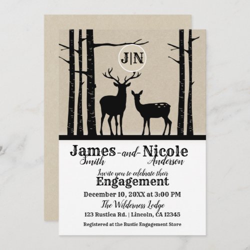 Rustic Male Female Doe Deer Black Birch Engagement Invitation