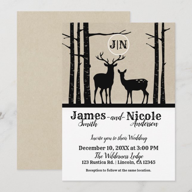 Rustic Male & Female Doe Deer Black Birch Wedding Invitation (Front/Back)