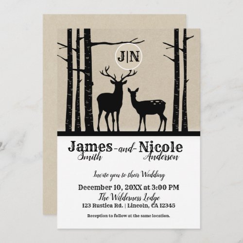 Rustic Male  Female Doe Deer Black Birch Wedding Invitation