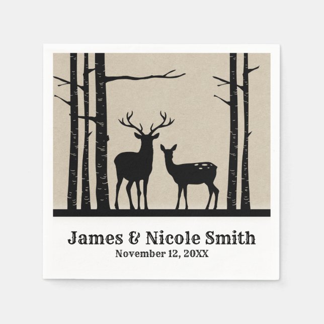 Rustic Male Female Doe Deer Black Birch Wedding Paper Napkins (Front)