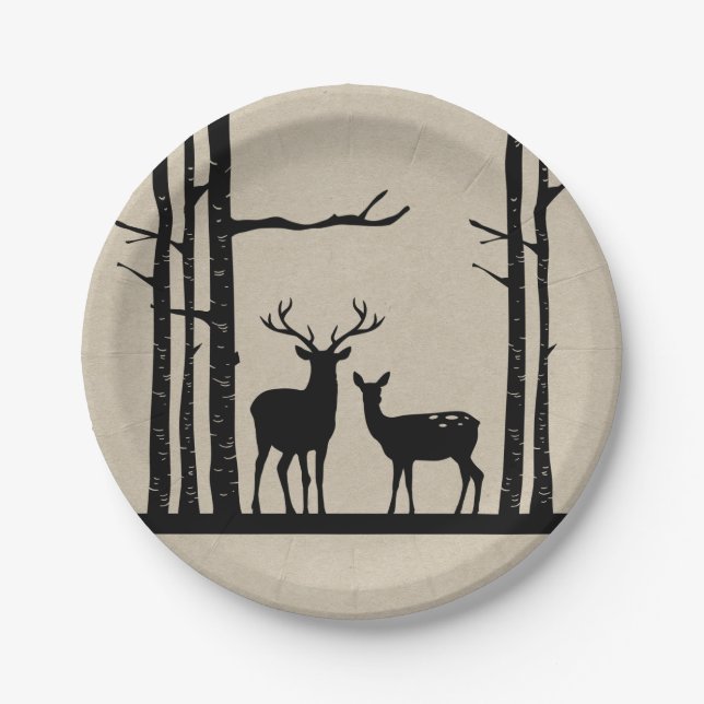 Rustic Male Female Doe Deer Black Birch Wedding Paper Plates (Front)