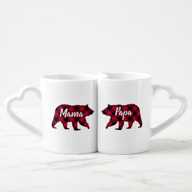 Rustic Mama and Papa Bear Red Buffalo Plaid Couple Coffee Mug Set (Front Nesting)