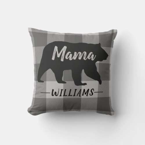 Rustic Mama Bear Buffalo Plaid Monogram Name Throw Pillow