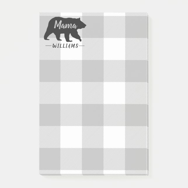 Rustic Mama Bear Gray Black Monogram Name 4x6 Post-it Notes (Front)