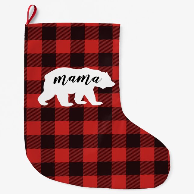 Rustic Mama Bear Red & Black Buffalo Plaid Large Christmas Stocking (Front)
