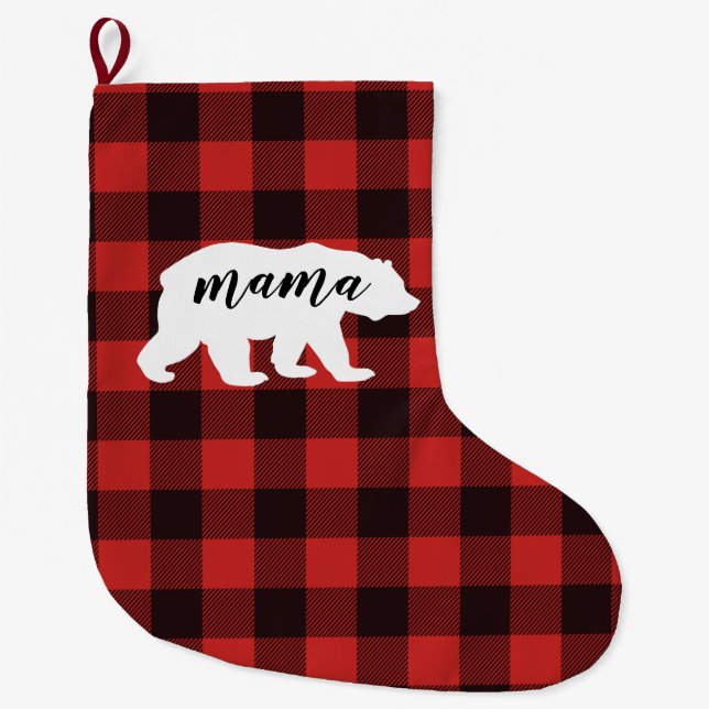 Rustic Mama Bear Red & Black Buffalo Plaid Large Christmas Stocking (Front)